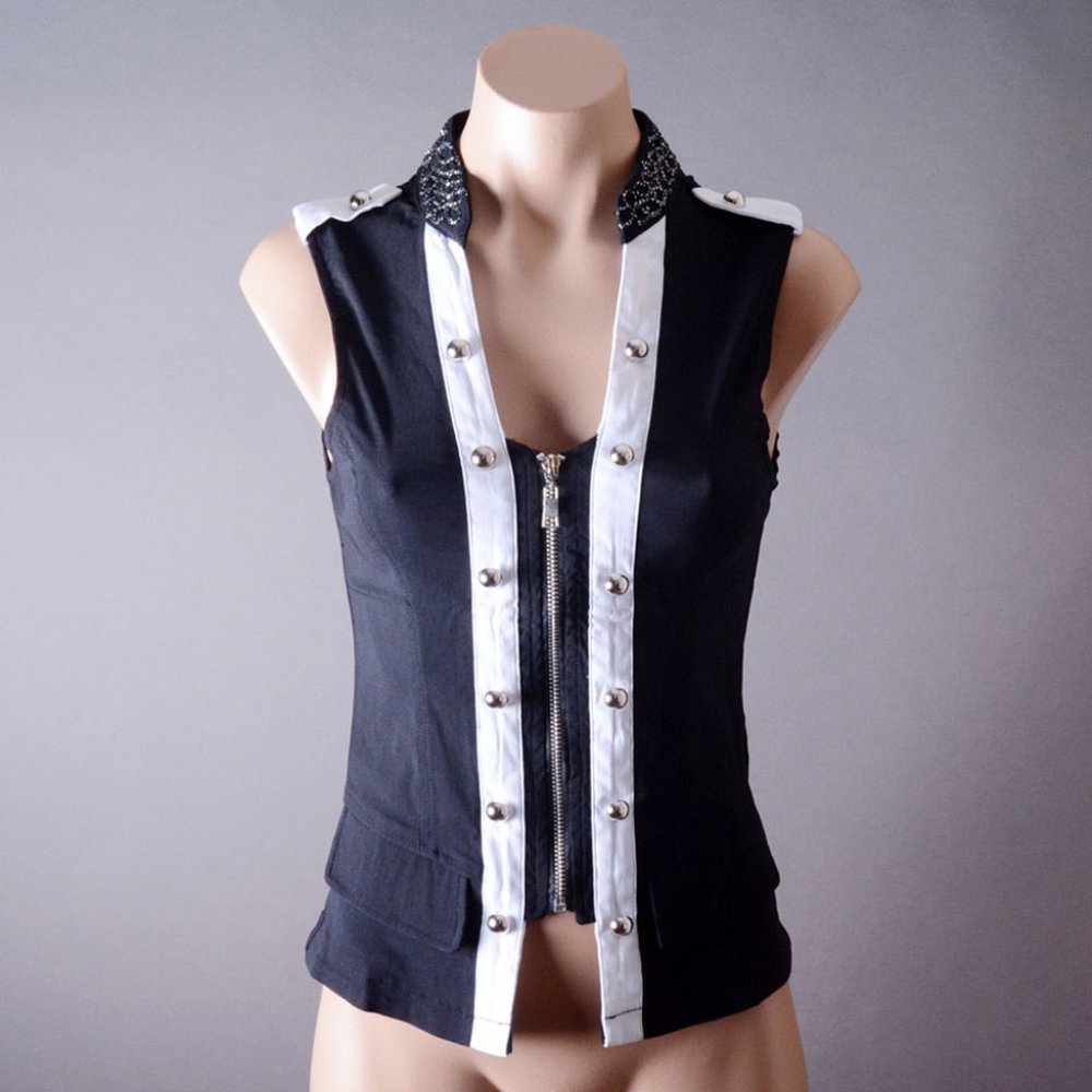 Black White Women Sleeveless Steampunk Gothic Punk Military Vest Shirt Top S M L